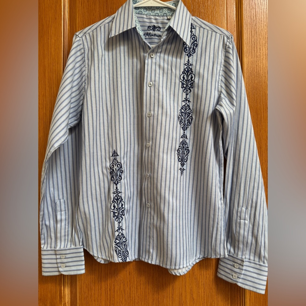 Boy’s Blue Long Sleeve Striped Shirt with Embroidery